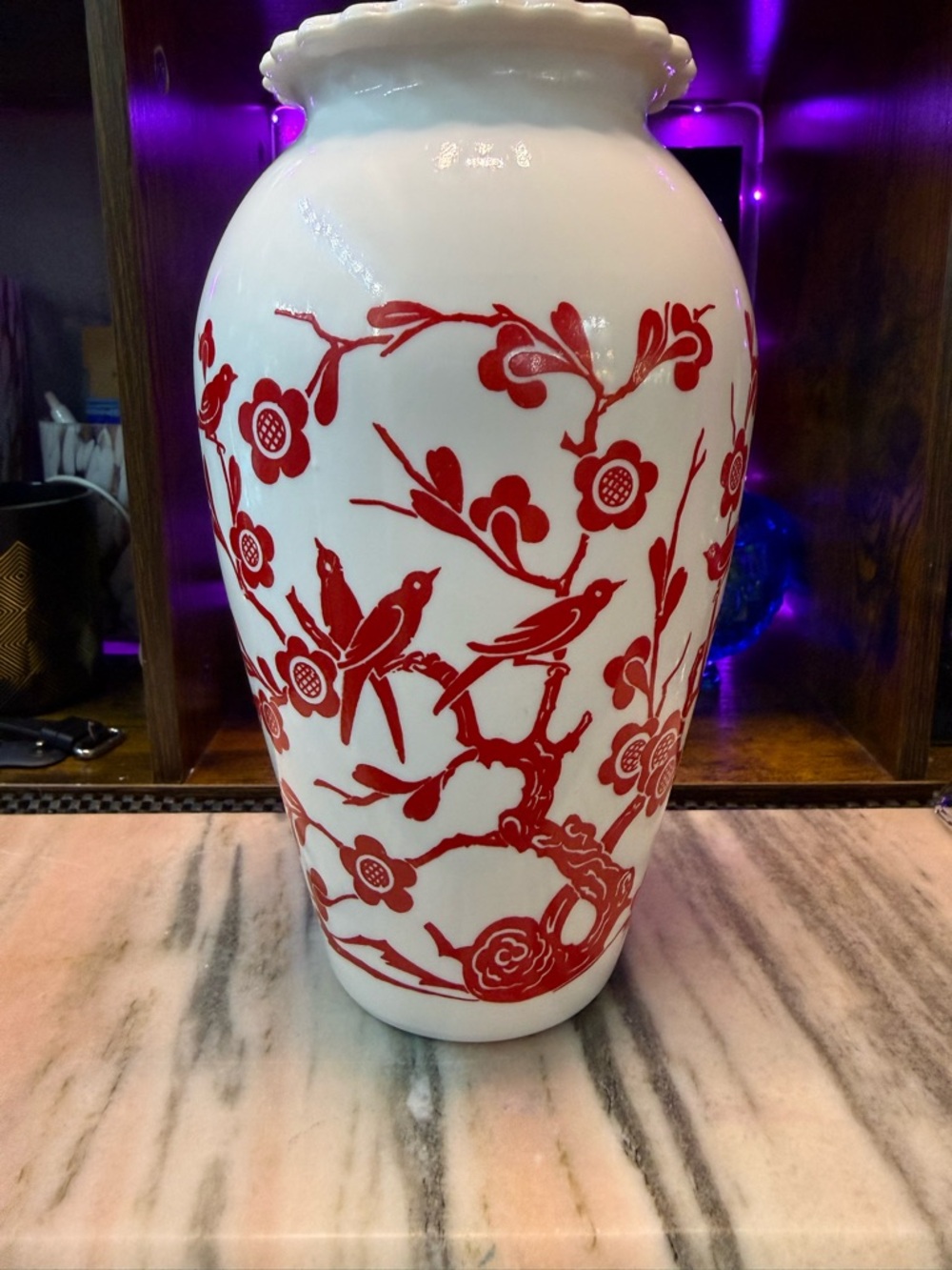 Vintage Anchor Hocking Blossoms & Bird Motif Milk Glass Vase - 🌟 Glows🌟